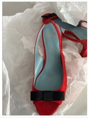 Nwob Frances Valentine Red Slingback Peep-Toe Heels with Black Bow